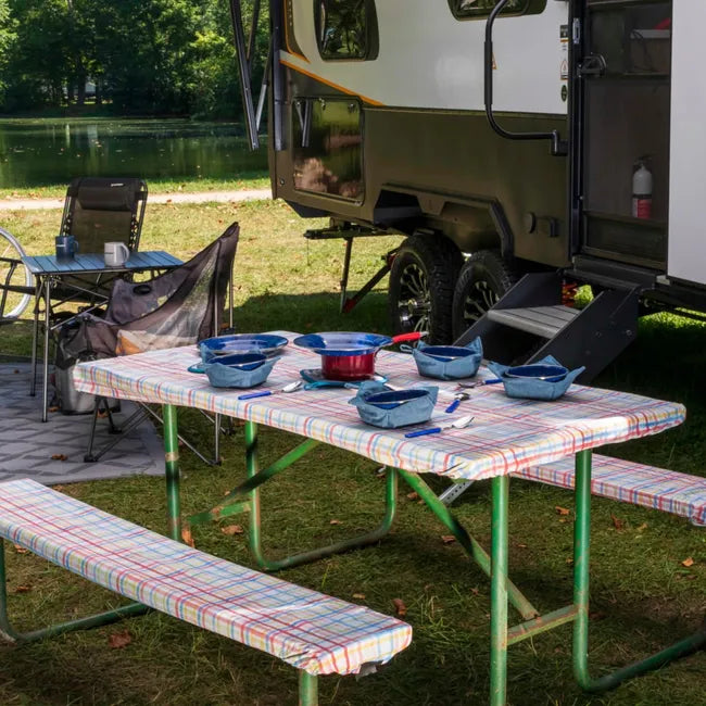 Lippert Vinyl Tablecloth with Bench Covers-Camping Patchwork  2022107835