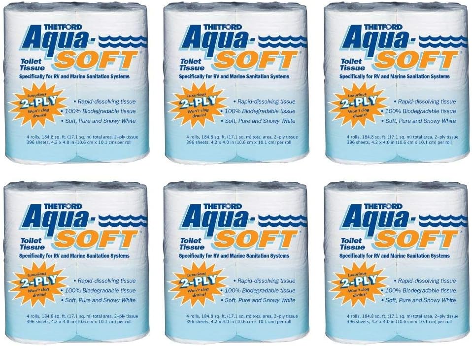 Aqua-Soft Toilet Tissue - Toilet Paper for RV and marine - 2-ply 4 Rolls Thetford 03300 (6 Pack)